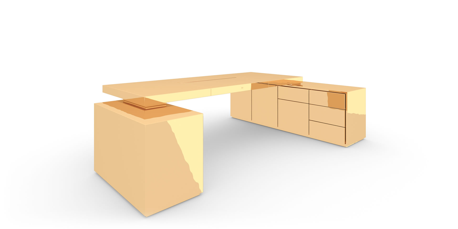S4.2 Design Eck-Schreibtisch mit 2-Sideboards, Gold - FELIX SCHWAKE