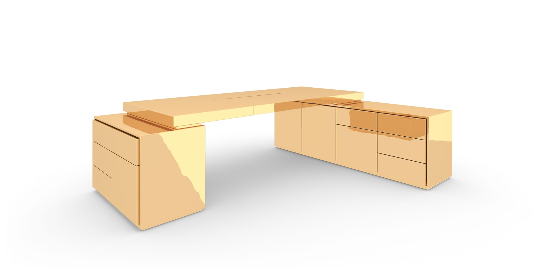 S4.2.1 Design-Schreibtisch mit 2-Sideboards, Gold - FELIX SCHWAKE