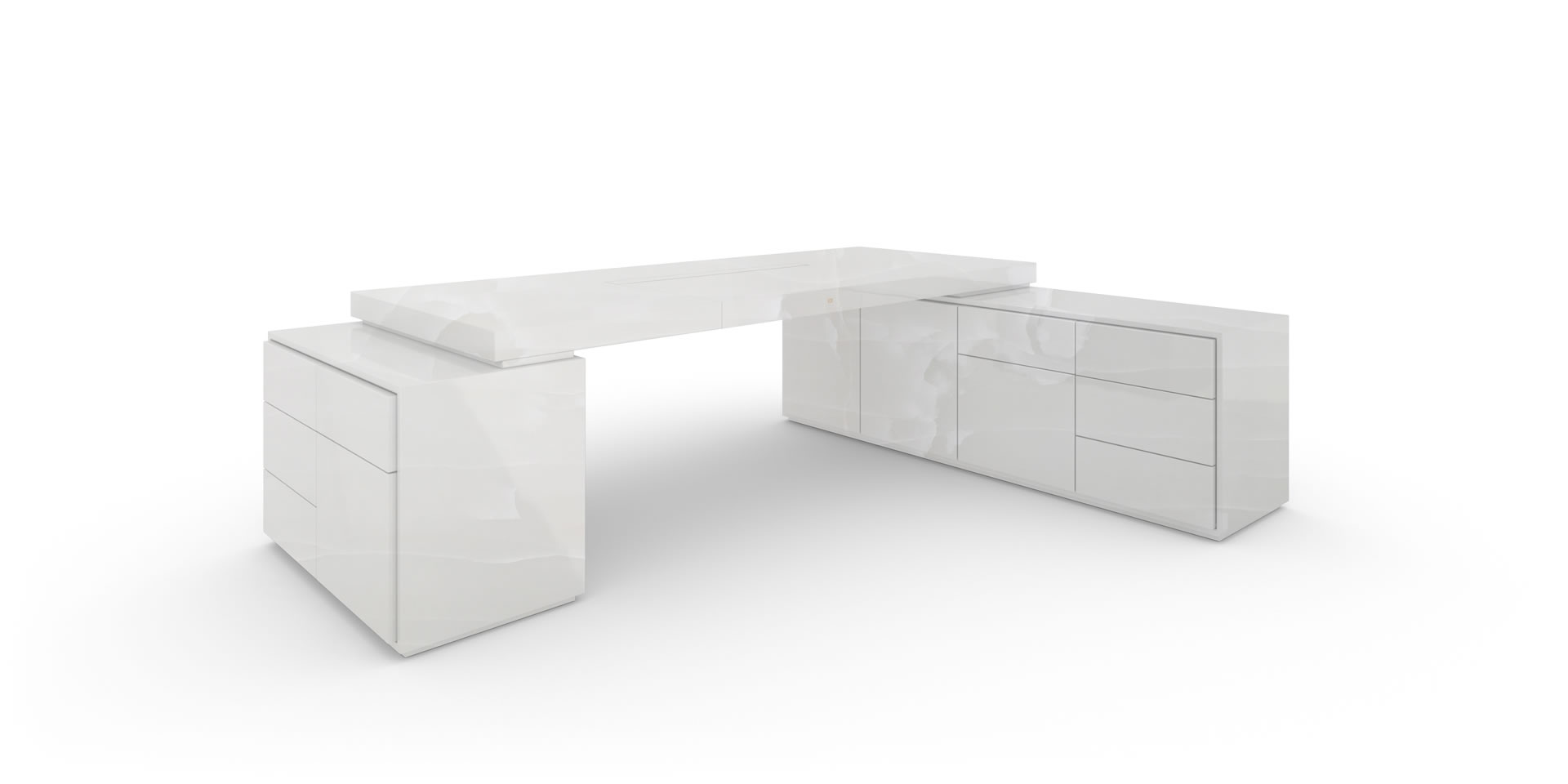 S4.2.1 Design-Schreibtisch mit 2-Sideboards, Marmor, Weiß - FELIX SCHWAKE